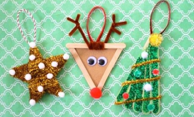 Star: Made with popsicle sticks and chenille pipe cleaner and small balls, Reindeer: Made with chenille pipe cleaner, popsicle sticks brown paper and red ball, Christmas Tree: Made with popsicle sticks, balls, glitter and chenille pipe cleaner